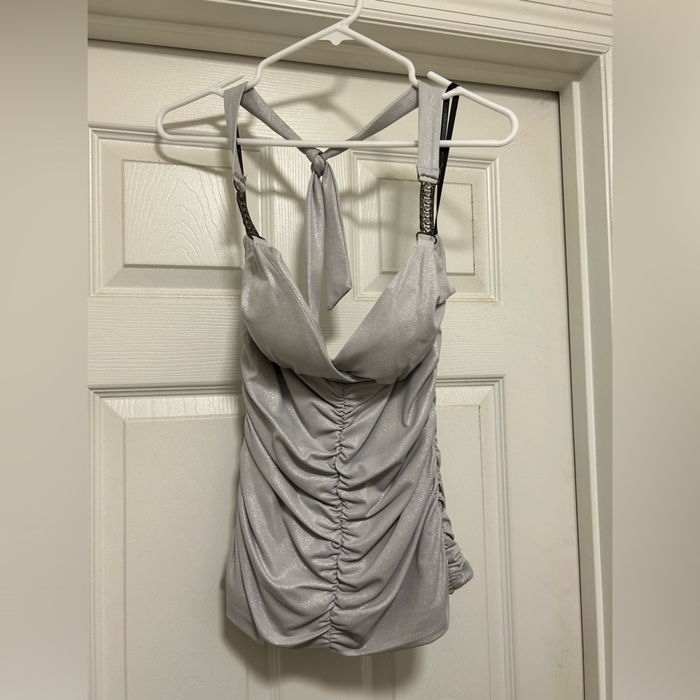 Vintage Juniors 90s Y2k Rampage Silver Stretch Rhinestone Halter Top Size Large